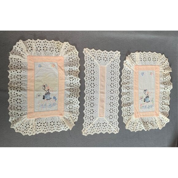 Other - Vintage Lace Doilies Set with Embroidered Ladies - 3 Pieces for Elegant Decor